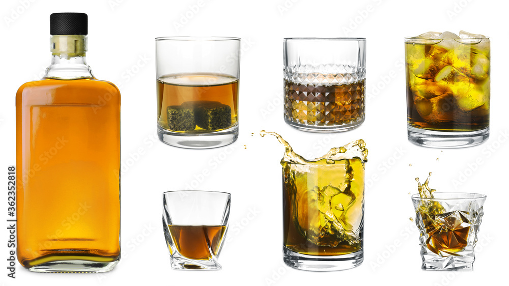 Collage with bottle and glasses of whiskey on white background Collage with bottle and glasses of whiskey on white background