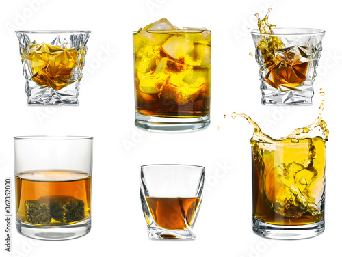 Collage with glasses of whiskey on white background