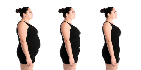 Collage with photos of overweight woman before and after weight loss on white background. Banner design