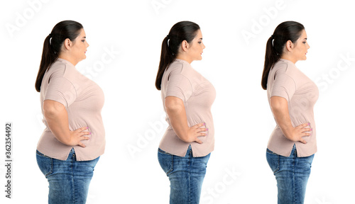 Collage with photos of overweight woman before and after weight loss on white background photo