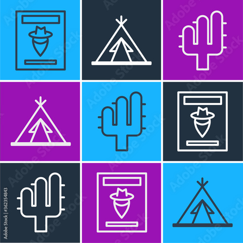 Set line Wanted western poster, Cactus and Indian teepee or wigwam icon. Vector.