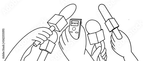 hands with microphone and voice recorder. Vector illustration doodle style line drawing