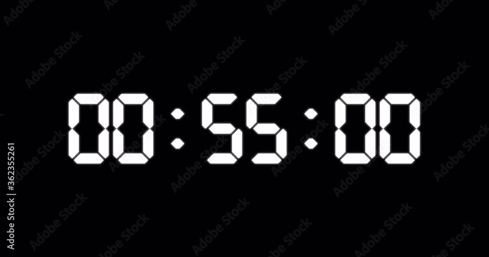 One minute countdown timer of glowing led electronic white digits on black background One minute countdown timer of glowing led electronic white digits on black background