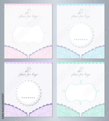 Set of banners for Pajama Party, lingerie shop or underwear ad. Lace floral bra background 