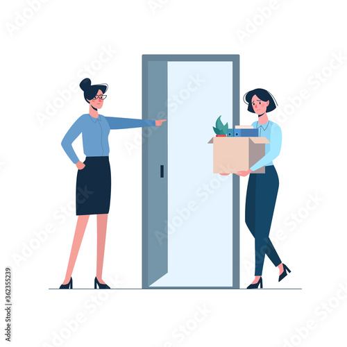 Fired person leaves the office with a box in his hands. Woman boss leaves a employee without work. Dismissed employee, unemployment. Job loss due to crisis, economic decline. Vector, flat, isolated.