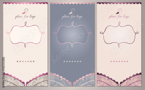 Lace floral bra background. Set of luxury vertical banners for Pajama Party, lingerie shop or underwear ad