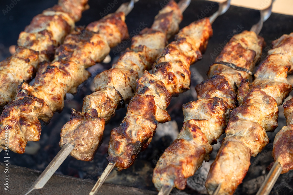 Grilled Kebab From Meat On Skewer Outdoors.