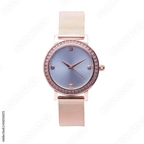 Wrist watch is gold and white color on white background.
