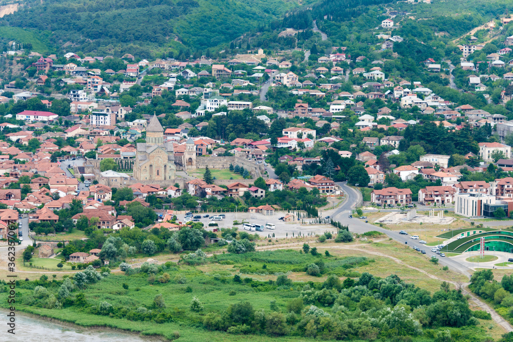 Holy city of Mtskheta view from Jvari Monastery in Mtskheta, Mtskheta-Mtianeti, Georgia. It is part of the World Heritage Site - Historical Monuments of Mtskheta.