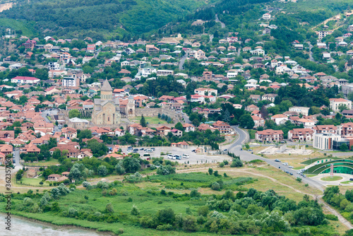 Holy city of Mtskheta view from Jvari Monastery in Mtskheta, Mtskheta-Mtianeti, Georgia. It is part of the World Heritage Site - Historical Monuments of Mtskheta. © beibaoke