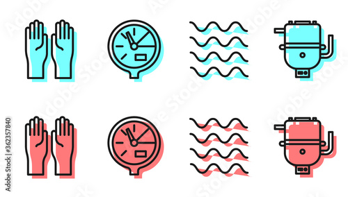 Set line Wave, Rubber gloves, Water meter and Electric boiler for heating water icon. Vector.