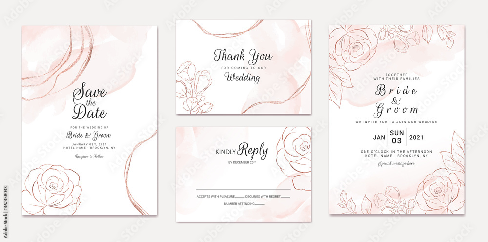 Elegant abstract background. Wedding invitation card template set with watercolor splash and gold floral decoration. Brush stroke for save the date, greeting, poster, and cover design Elegant abstract background. Wedding invitation card template set with watercolor splash and gold floral decoration. Brush stroke for save the date, greeting, poster, and cover design