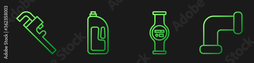 Set line Water meter, Pipe adjustable wrench, Container with drain cleaner and Industry metallic pipe. Gradient color icons. Vector.