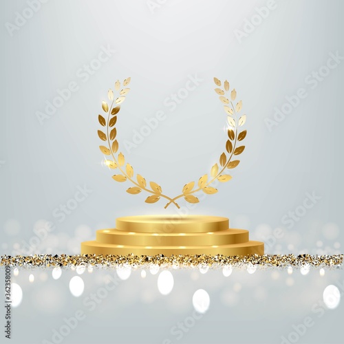 Golden award round podium with laurel wreath, shiny glitter and sparkles isolated on light background. Vector realistic illustration of symbol of victory, achievement of success, rewarding of winner.