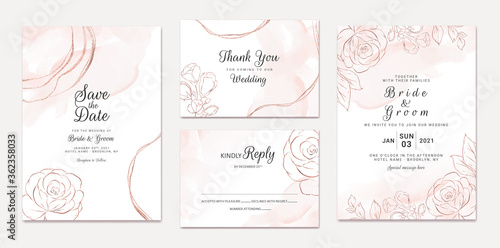 Elegant abstract background. Wedding invitation card template set with watercolor splash and gold floral decoration. Brush stroke for save the date, greeting, poster, and cover design