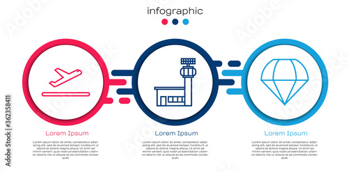 Set line Plane takeoff, Airport control tower and Parachute. Business infographic template. Vector.