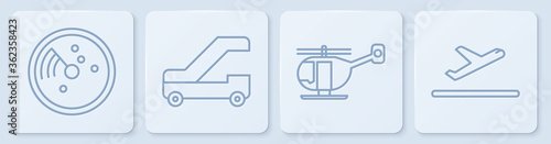 Set line Radar with targets on monitor, Helicopter, Passenger ladder for plane boarding and Plane takeoff. White square button. Vector.