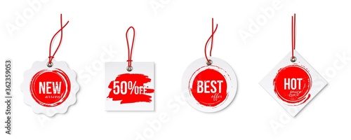 Clearance Sale different tags with strings set isolated on white background. Red discount voblers bundle. Best offer and hot price, 50 percent sell off, new arrival. Vector realistic badges design.