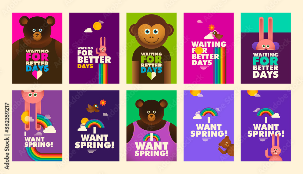 Fototapeta premium Set of colorful stickers with comic animals and slogans. Vector illustration.