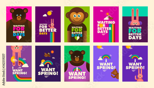 Set of colorful stickers with comic animals and slogans. Vector illustration.