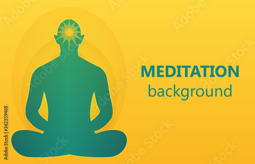 Background, template. The theme of self-development, meditation. Meditating man on a yellow background. The light indicates the aura and ajna chakra. Blue and yellow tone, gradient.