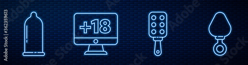 Set line Spanking paddle, Condom, Monitor with 18 plus content and Anal plug. Glowing neon icon on brick wall. Vector.