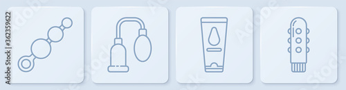 Set line Anal beads, Personal lubricant, Penis pump and Dildo vibrator. White square button. Vector.