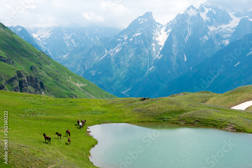 Beautiful scenic view from Between Mestia to Koruldi lakes in Mestia, Samegrelo-Zemo Svaneti, Georgia.