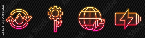 Set line Earth globe and leaf, Recycle clean aqua, Leaf plant in gear machine and Battery. Glowing neon icon. Vector.