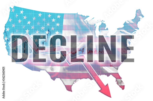 The word decline on the background of double exposure of decline graphs and the American national flag with the contours of the country. Concept of recession in the economy