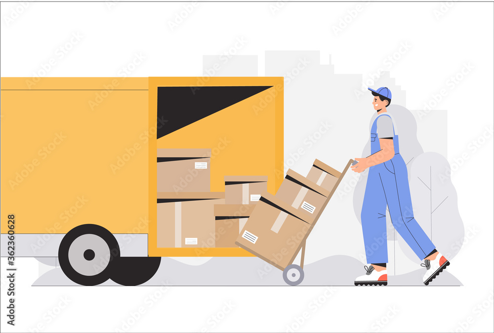 Warehouse delivery business illustration. Warehouse workers characters unloading boxes. Flat style vector illustration. Warehouse delivery business illustration. Warehouse workers characters unloading boxes. Flat style vector illustration.
