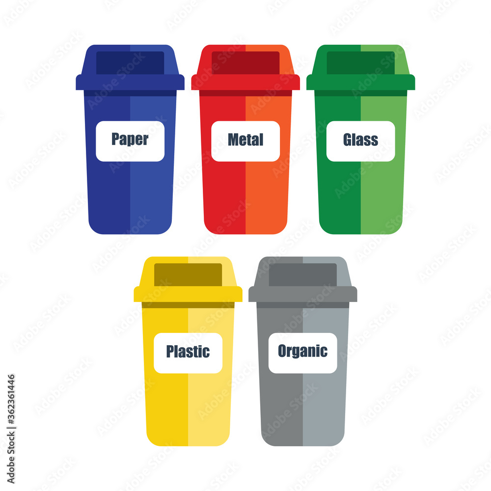 colored trash cans blue red with metal, paper, plastic, glass and ...