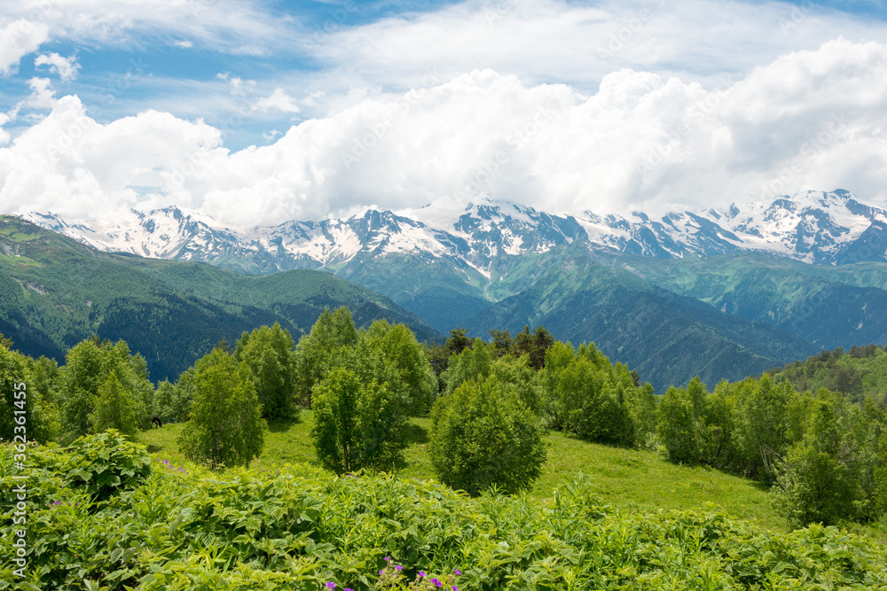 Caucasus Mountain view from Peak of Zuruldi Mountain. a famous landscape in Mestia, Samegrelo-Zemo Svaneti, Georgia.