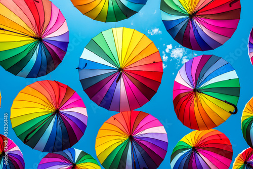 Rainbow umbrella above the street, LGBT symbols.