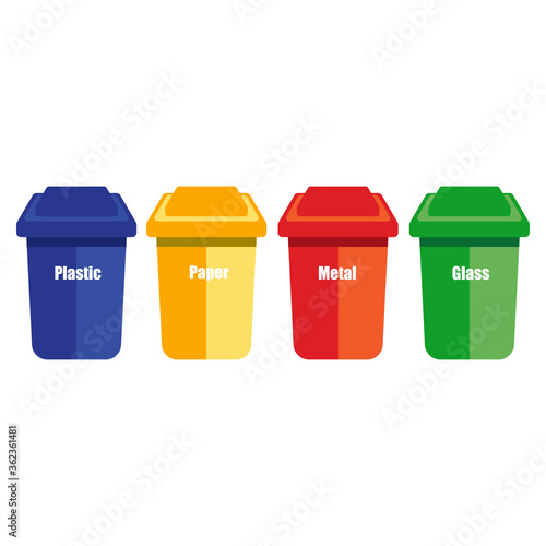 colored trash cans blue red with metal, paper, plastic, glass and organic waste suitable for reuse reduce recycle. waste sorting garbage. vector illustration