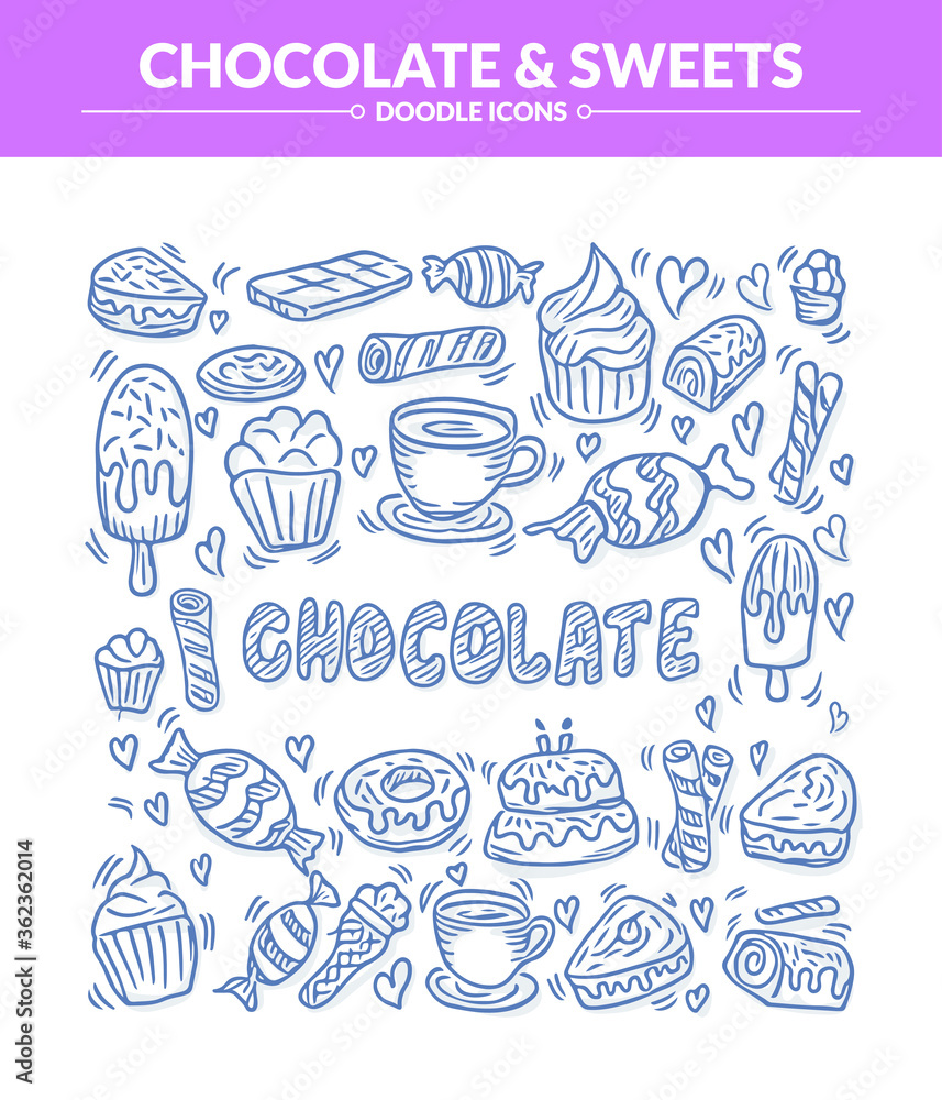 Set of chocolate and sweets food. Sweet dessert and food art elements for kitchen or menu. Ice cream, bakery, cake, tea, chocolate,  croissant, pancakes etc.
