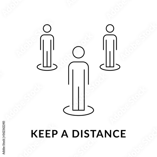 Please keep your distance concept. Three people standing in the circles. Social distancing idea. Line icon. Avoid crowding pictogram. Black outline on white background. Vector illustration, clip art.