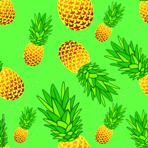 Seamless bright pineapple pattern on a green background. Design can be used for wallpaper, decoration of menu forms, bedding, tropical textile prints, product packaging. Isolated vector