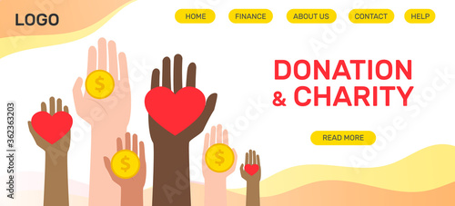 charity and donation interracial hands giving hearts and money web banner landing page vector illustration