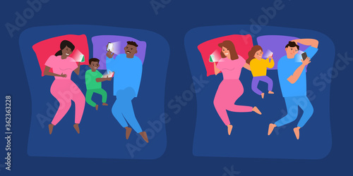 social media internet gadget  addiction family lying in bed at night with  smartphones vector illustration