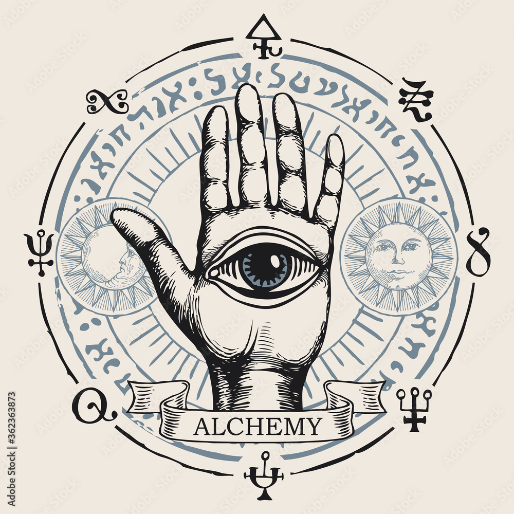 Obraz Open palm with all seeing eye symbol. Vector hand-drawn banner on