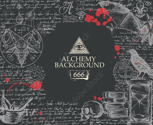 Alchemy background in vintage style. Artistic illustration on alchemical theme with mystical hand-drawn sketches, handwritten scribbles, red blots and place for text on the black background
