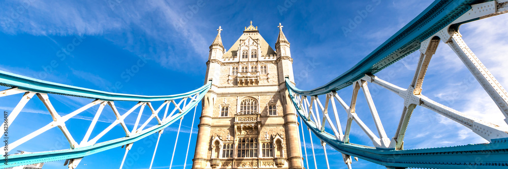 Obraz premium Tower Bridge in London, UK, United Kingdom. Web banner in panoramic view.