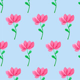 Seamless pattern with watercolor flowers on blue board. Pink rose with green leaves