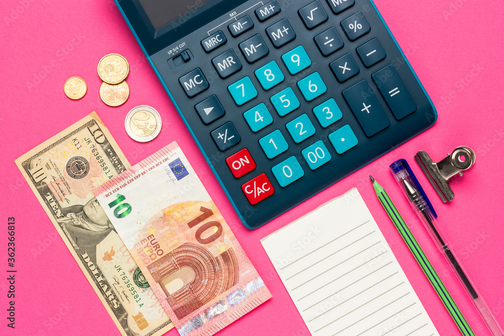 Concept collage on a financial theme top view. Calculator with buttons, coins, euro, dollars, checklist, pencil, stationery, notes Concept collage on a financial theme top view. Calculator with buttons, coins, euro, dollars, checklist, pencil, stationery, notes