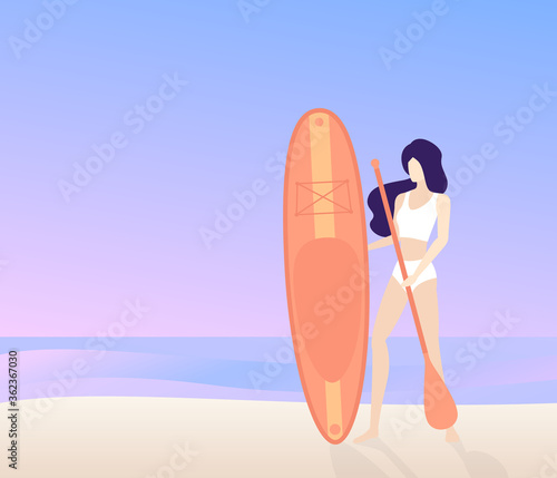 Girl with sup board and paddle on the beach, vector