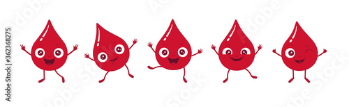 Vector illustration of happy and funny red blood droplets. Smiling and winking drop cartoon characters jump and dance. Cute, positive mood. World blood donor day, medical blood test and donation theme