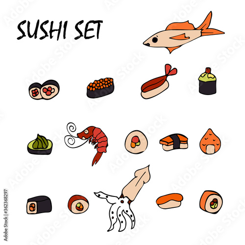 Vector hand drawn set of seafood  and sushi icons