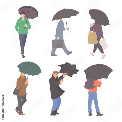 Man with umbrellas in rain in different autumn casual clothes of urban style. Vector flat set of isolated characters on a white background.