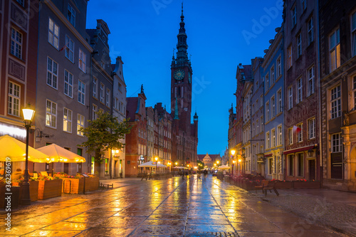 Long market and old town hall in Gdansk at dusk, Poland